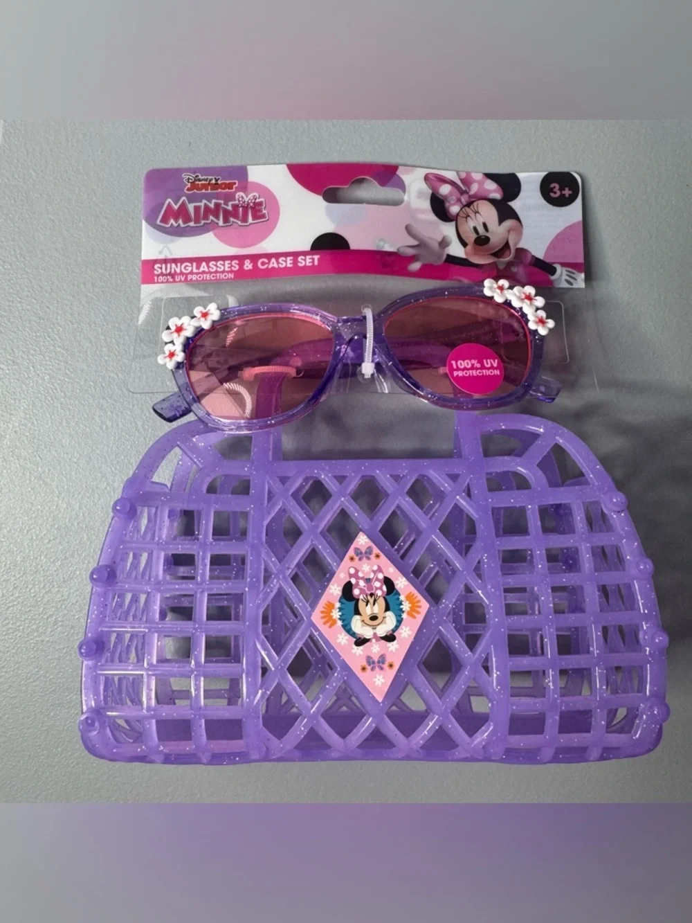 Disney Jr Minnie Mouse Sunglasses & Purse case Set flowers UV protect glitter